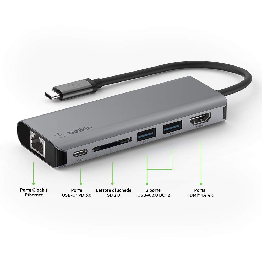 Belkin Hub USB-C Dock Adattatore Multiporta 6 in 1 con HDMI 4K, Alimentazione Passante USB-C PD 100 W, 2 USB-A, Porte Gigabit Ethernet e Slot SD per MacBook Pro, Air, iPad Pro, XPS e Altri