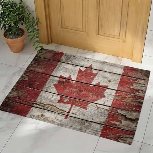 Canadian Flag Front Door Mat Indoor Entrance, Rustic Vintage Red