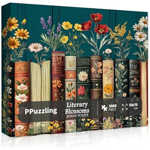 Vintage Wildflower Book Puzzles for Adults 1000 Pieces, Plant Floral Book Pages Jigsaw Puzzle, Retro Bookshelf Puzzle with Blossoming Wildflowers, Botanical Literary Theme Puzzle for Book Lovers Cover