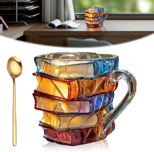 Taza de café con diseño de libro pintado, divertida taza de café de lectura con encantadores diseños temáticos de libros, con cuchara, taza de café con libros pintados en 3D, taza de vidrio con forma Taza de café con diseño de libro pintado, divertida taza de café de lectura con encantadores diseños temáticos de libros, con cuchara, taza de café con libros pintados en 3D, taza de vidrio con forma