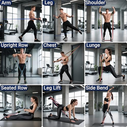 Fitness Widerstandsbänder Set – 5er Set Trainingsbänder mit Griffen, Türanker, Knöchelriemen & Poster – 70 KG/150 lbs Latex Expander für Krafttraining & Zuhause Workout
