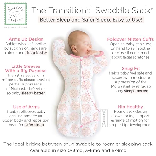 swaddledesigns transitional swaddle sack arms up half-length sleeves amp mitten cuffs swaddle for newborn transition to baby sleep sack wearable blanket 0-3 month 6-14 lb heavenly floral pink