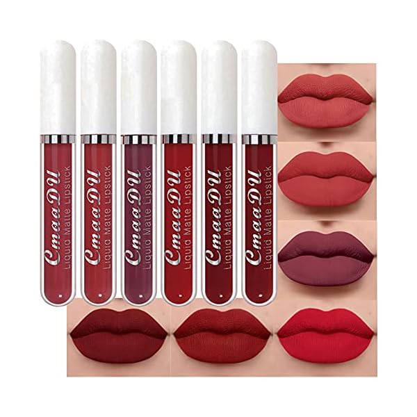 evpct CmaaDu 6Pcs Lipstick Matte Liquid Lipstick Lipgloss Set for Women, Dark Deep Bright Ruby Sexy Brick Red Mauve labiales mate 24 horas originales matte larga duracion 24 Hour Lipstick Long Lasting