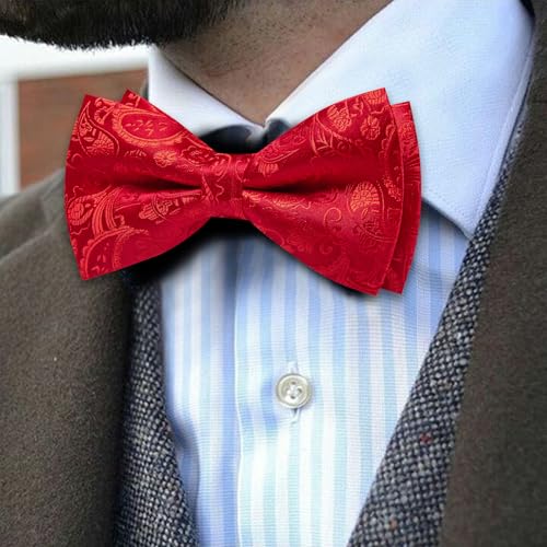 Image of Barry.Wang Paisley Striped Bow Tie for Men Silk Pre-Tied Bowtie Pocket Square Cufflinks Set Formal Wedding Party Prom