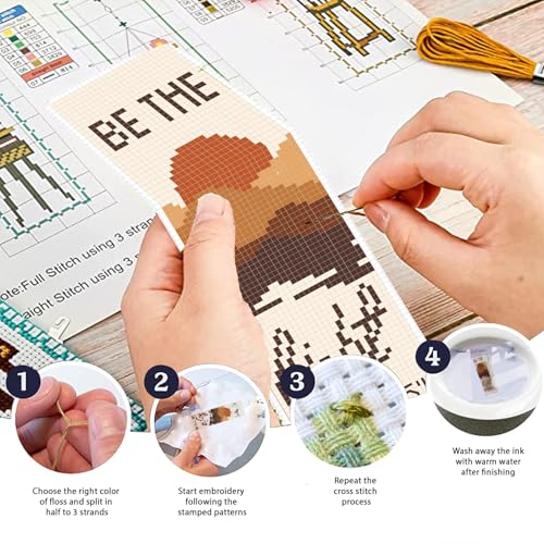 Image of FREEBLOSS 11CT 6 Set Cross Stitch Bookmark Kit Landscape Stamped Embroidery Bookmark Kit with Instructions 6 Back Felt Bookmarks Making Set for Adults Book Lovers, 8 inchx2.4 inch