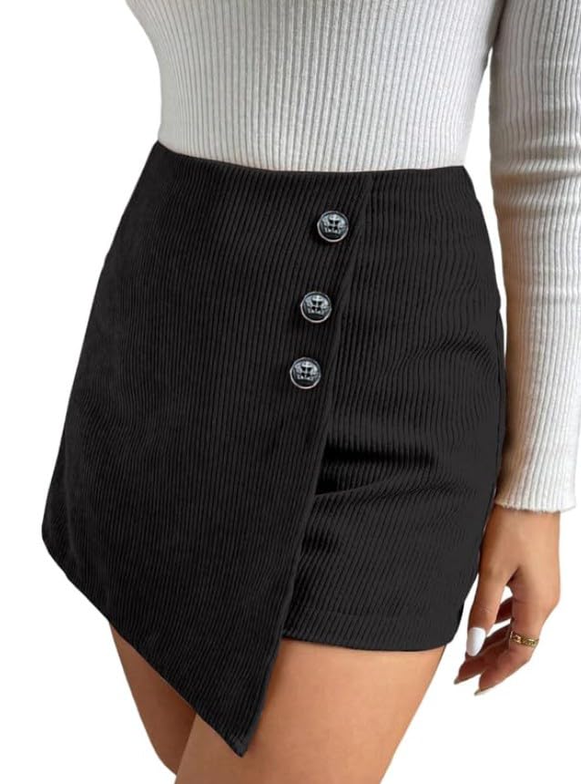 pinkhub Women's & Girl's Ribbed Corduroy Mini Skirt with Decorative Buttons | High Waist A-Line Bodycon Skirt | Stretchy Knit Fabric | Western Style | Casual & Semi-Formal Wear-picture-39