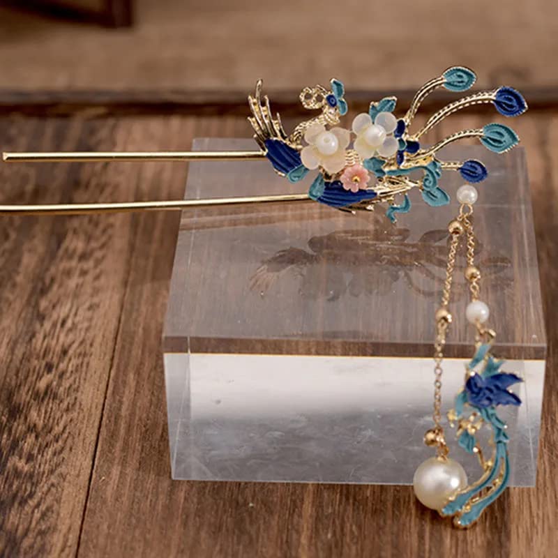 Miniatura 5 de Rabithenn Borlas azules tostadas de perlas, estilo Hanfu chino y estilo de mariposa retro con clip de pelo de metal hecho a mano, accesorios para el