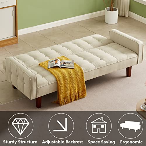 Betoko Linen Futon Sofa Couch 73.6" Fabric Upholstered Convertible Sofa Bed Minimalist Button Tufted Small 3 Seater Sleeper Futon Couch Set For Living Room Bedroom (Beige) #TOP6