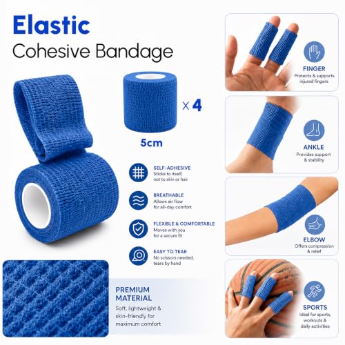 Image of Self Adhesive Bandage Wrap, 4 Pack, 5CM * 4.5M, Cohesive Bandages, Medical Wrap, Elastic Bandage Wrap, Self Sticking Bandage Tape (Blue (4 pcs))