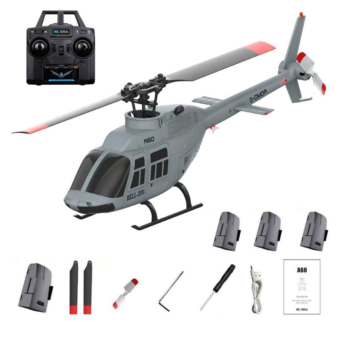 RC ERA A60 Bell 206 RC Helicopter for Adults, 1/42 Scale Single Rotor Flapless RC Helicopter, 6G 6CH Remote Control Aircraft Model with Altitude Hold & One-Key Takeoff Landing (RTF/4Battery)