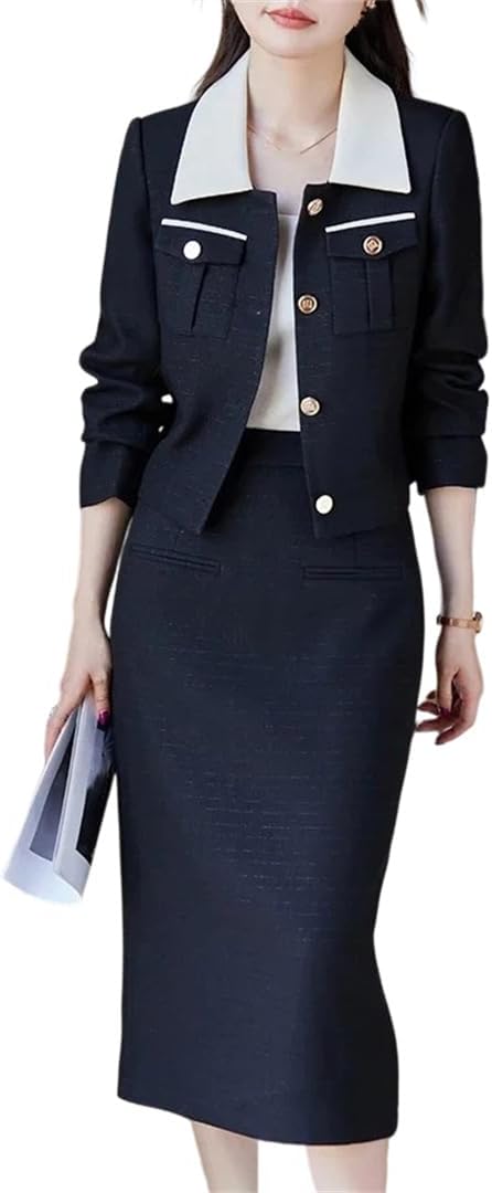 Women's Two Piece Set Lapel Collar Single-Breasted Long Sleeve Blazer Skirt Suit Casual Outfit for Winter Wear