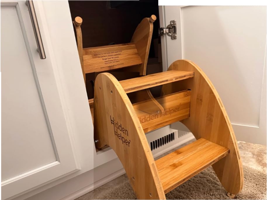 Hidden Helper Montessori Step Stool for Toddlers Foldable Toddler Two Step Stool for Bathroom Sink & Kitchen Helper Wooden Folding Stool for Kids Ages 2-5 Bamboo