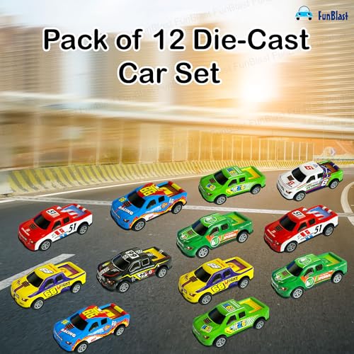 Image of FunBlast Die-Cast Car Set for Kids - Pack of 12 Pull Back Metal & Plastic Cars, Scaled Model Mini Racing Car Toys for 3+ Year Old Boys & Girls, Multicolor
