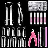 MORGLES 500pcs Clear Acrylic Nail Tips Fake Nails Half Cover Square Flat Nail Tips Nail Clipper Files and Glues Cuticle Fork for Nail Art Salon Home DIY