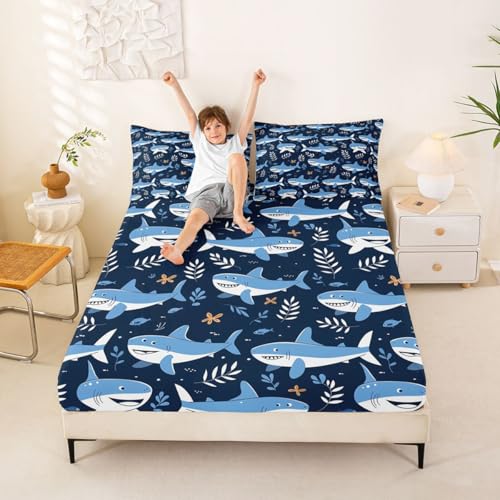 Image of jejeloiu Shark Bed Sheets Set Queen Size Ocean Decor Deep Pocket Fitted Sheet Sea Animal Bedding Sets Marine Life Soft Bed Set 4Pcs with 2 Pillow Cases