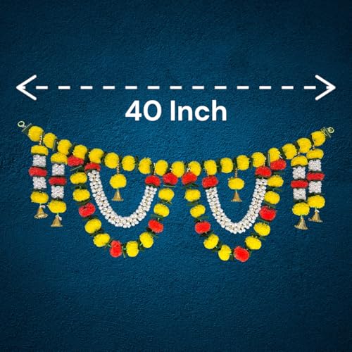 Image of iHandikart Handmade (40 * 12 Inch) Jasmine & Marigold Bandanwar with Green Leaves and Golden Bells Traditional Door Bandanwar for Makar Sankranti, Lohri, Festive Home & Housewarming Decor (B0070)
