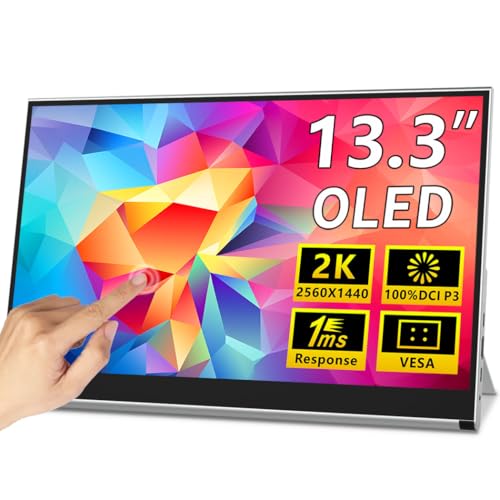 Magedok OLED Portable Monitor 13.3", 2K Touchscreen Gaming Monitor, 100% DCI-P3, 10-Bit Color, 1ms, Ultra-Slim w/Kickstand, USB-C & HDMI External Display for Laptop/PC