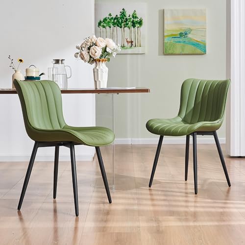 YOUNUOKE Mid-Century Modern Dining Chairs Set of 2, Olive Green PU Leather Upholstered Kitchen Chairs with Black Metal Legs, Armless Accent Side Chair for Dining Room, Guest Reception Room