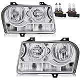 KUIPERAUTO Pair Headlights Assembly Compatible for 2005-2010 Chrysler 300 Halogen Type w/Chrome Housing Bulbs are included Driver and Passenger Side Headlamp