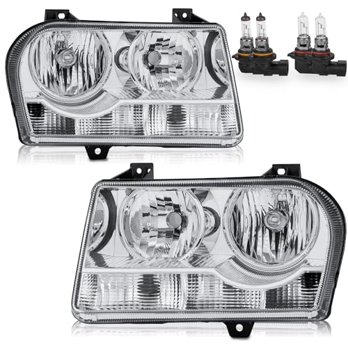 KUIPERAUTO Pair Headlights Assembly Compatible for 2005-2010 Chrysler 300 Halogen Type w/Chrome Housing Bulbs are included Driver and Passenger Side Headlamp