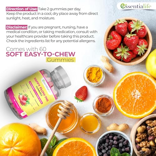 Image of PMS Gummies - Happy Flow PMS Support Supplement for Women - Strawberry PMS Relief Supplement with Vitamin B6 for Hormone Balance, Period Support, Cramps, Hormonal Acne & Bloating Relief (120 Count)