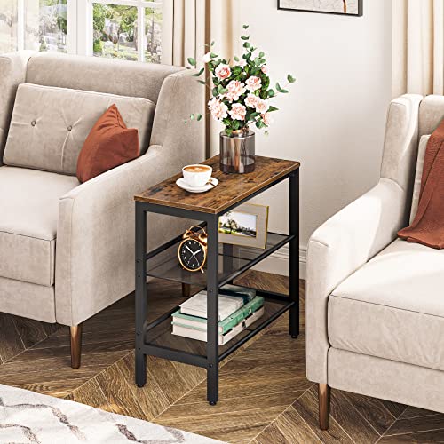 Narrow 3-Tier End Table for Small Spaces, Rustic Brown and Black - Perfect for Bedroom, Living Room, and Hallway
