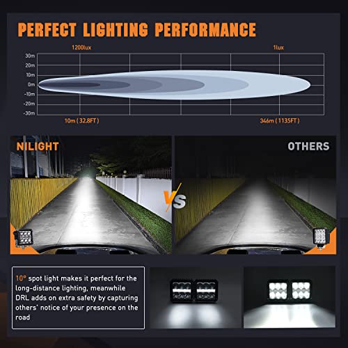 Image of Nilight 4 Inch Square LED Pod Lights with DRL 60W 6487LM 10 Degree Super Spot Beam 16AWG Wiring Harness Kit for Auxiliary Offroad Driving Work Lamp for Truck UTV ATV SUV 4x4 Jeep
