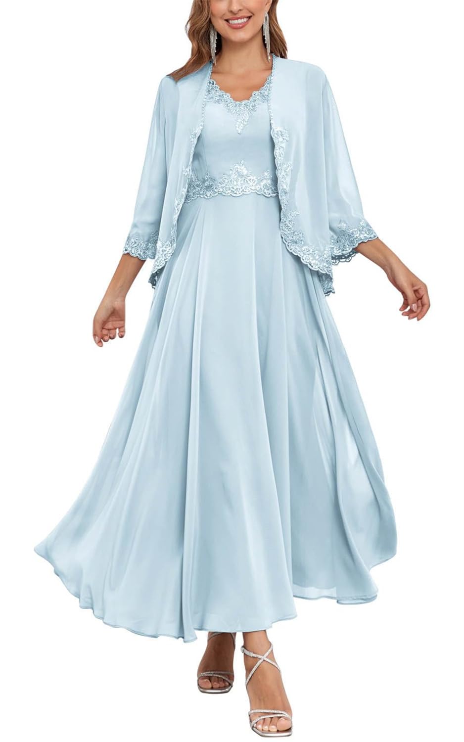 Kurface Women's Light Blue 2 Pieces Mother Of The Bride Dresses For Wedding With Lace Applique Chiffon Mother Of Groom Dress Uk8