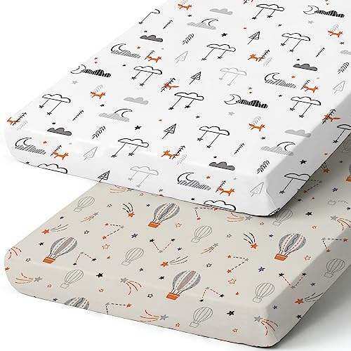 Image of Pack n Play Sheets, BROLEX 2 Pack Mini Crib Sheets,Stretchy Portable Fitted Playard Sheet Set, Convertible Playard Mattress Cover,Ultra Soft Breathable Material,Starsmoon Balloon