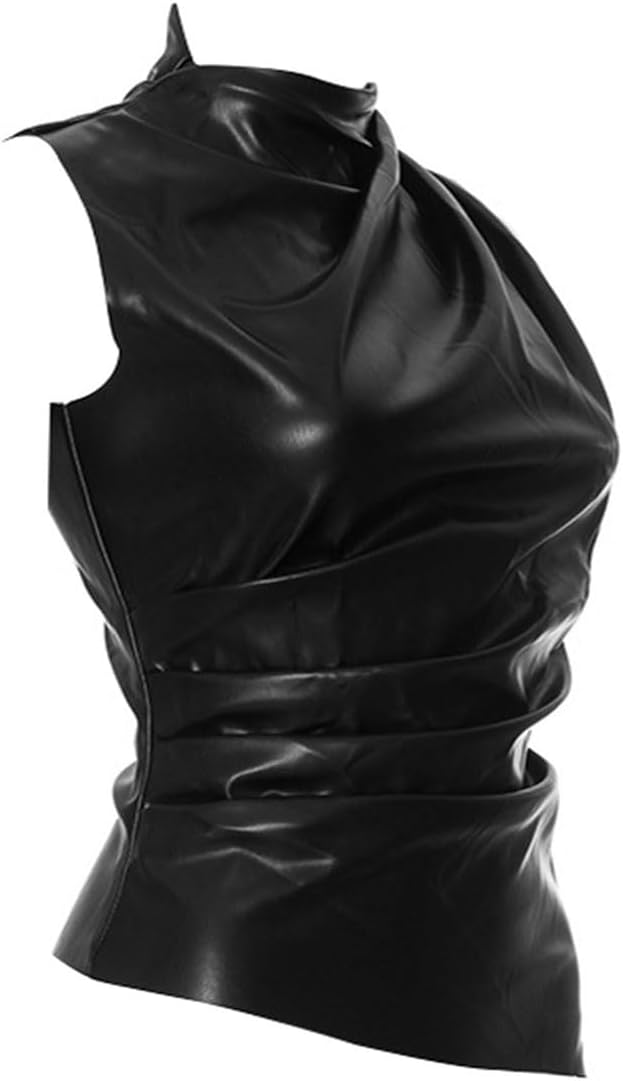 Women's Soft Leather Tank Crop Top Vest Sleeveless Asymmetrical Ruched Sexy Mock Neck Pleated T-Shirt - Image 6