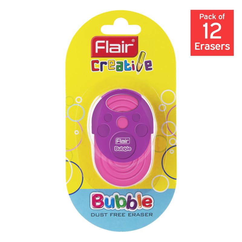 Image of Flair Creative Series Non Toxic Bubble Eraser Blister Set | Neat & Dust Free Erasing | in Built Holder, Easy to Use | Playful Body Colors | Pack of 12 Erasers