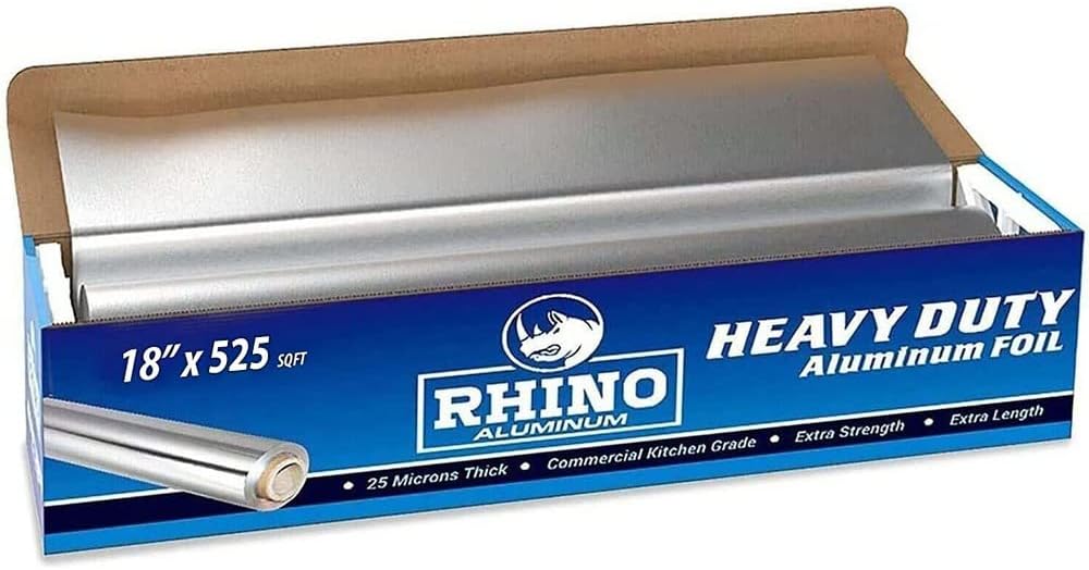 Heavy Duty Aluminum Foil | Rhino 18 x 500 Foot Long Roll, 25 Microns Thick | Commercial Grade & Extra Thick, Strong Enough for Food Service Industry (Pack of 1)
