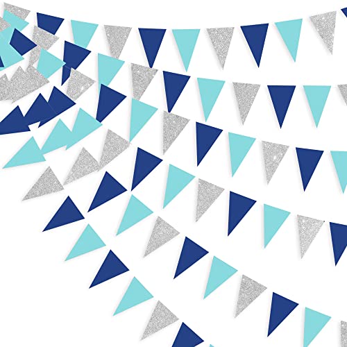 Image of 30 Ft Navy Silver Blue Party Decorations Pennant Banner Triangle Flag Royal Blue Silver Hanging Paper Bunting Garland for Birthday Baby Shower Wedding Ahoy Achor Nautical Pirate Theme Party Supplies