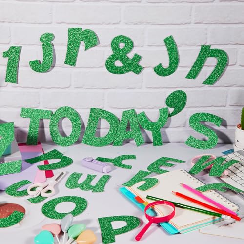 Image of Colarr 216 Pcs Glitter Bulletin Board Letters for Classroom Number Alphabet Punctuation Symbol Cutout 4'' Die-Cut Poster Letter with Adhesive Dot School Graduation Party Summer Decor Display(Green)