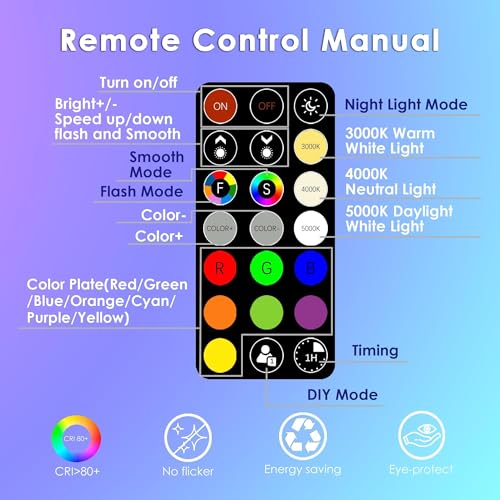 Image of FTL Color Changing Light Bulb with Remote Control, A19 E26 Dimmable RGB LED Colored Light Bulbs 8W 60W Equivalent, 30 Colors, 2700K-6000K, Timer, Multi Color Recessed Light Bulbs for Bedroom, 4-Pack