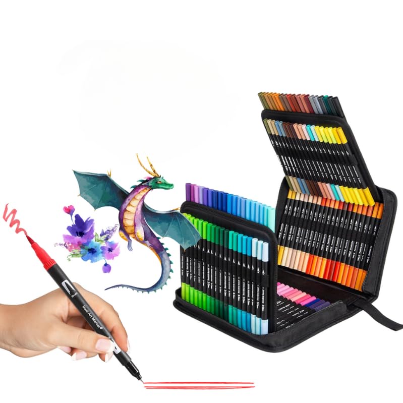 HALVERIA® Rotuladores Lettering 120 Colores | Doble Punta Fina y Pincel | Kit de Rotuladores Acuarelables para Niñas, Niños y Adultos | Ideal para Caligrafía, Dibujo, Mandalas y Bullet Journal
