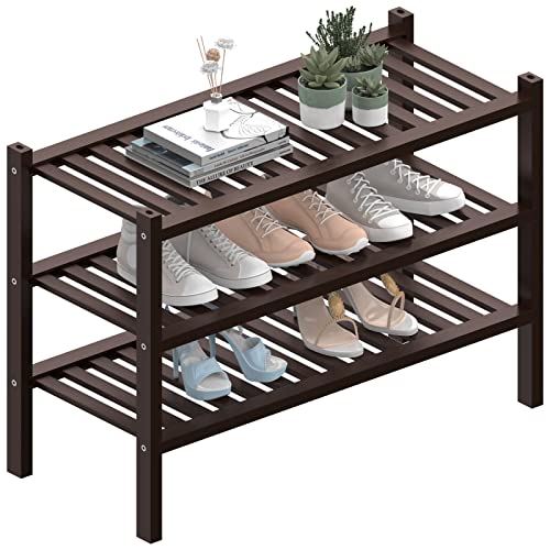 3 Tier (Thick) Bamboo Shoe Rack for Closet Free Standing Wood Shoe Shelf for Entryway Small Space Stackable 27"x12"x21" (Black Brown)