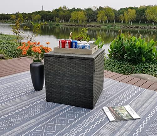 D&F Design Jackson Indoor & Outdoor PE Wicker Cube Side Table with Storage, Patio Resin Rattan End Table Square Container for Furniture Covers, Toys and Gardening Tools Brown