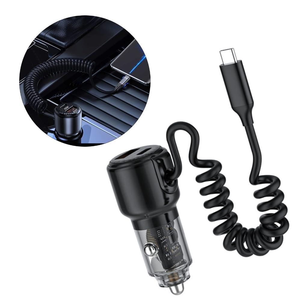 Adapter ładowarki samochodowej 65 W do szybkiego ładowania 12-24 V z kablem spiralnym typu C 45 W