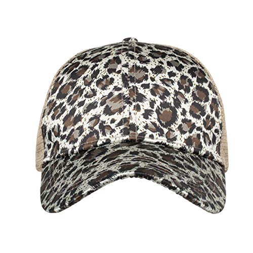 Toptie Vintage Messy High Bun Ponytail Washed Cotton Hat Adjustable Mesh Trucker Baseball Cap-Beige Leopard Mesh #TOP1