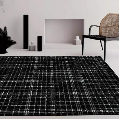 Tapis salon 110x190 cm lavable à grille géométrique noire