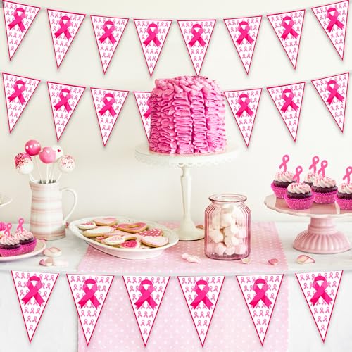 Image of 100 FT Breast Cancer Awareness Decorations, 3 Pack Pre-assemble Pink Ribbon Pennant Banner Flags, 60 PCS Plastic Pennants Flags Indoor Outdoor Party Supplies Home Office Ceiling Wall Hanging Decor