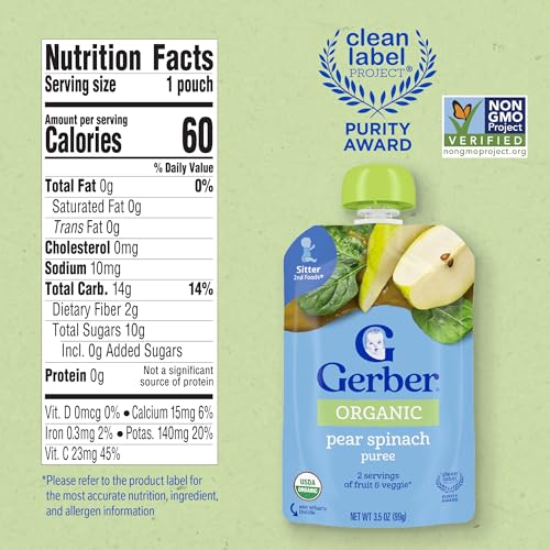 Gerber Stage 2 Organic Pear Spinach Pouches, 3.5 Oz, 12 Pack - image 2