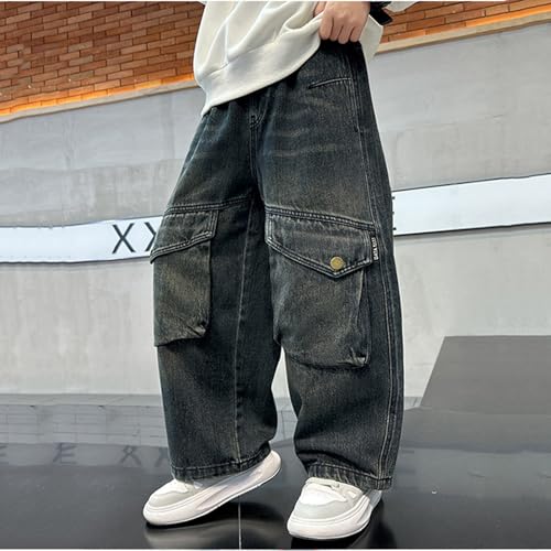 Boys Baggy Cargo Jeans Elastic Waist Casual Wide Leg Kids Boys Pull On Denim Pants with Flap Pocket 5-14 Years4