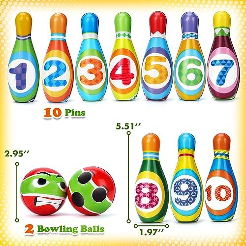 Educational Bowling Set with 10 Bowling Pins and 2 Balls for Toddlers Boys Girls - Prefect Indoor & Outdoor Toy 7 51H7E6YXfNL. AC