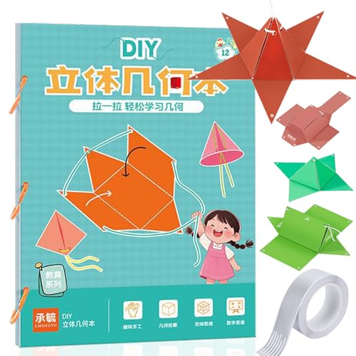 Guegalls Upgrades Pull String 3D Geometry Learning Book, Geometry Play - Interactive Pull-String Geometry Learning Kit with Pop-Up Models, Volume & Area Exploration (12-Model)