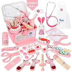 Maletin Medico Rosa Vanplay Madera Doctora Juguetes Maleta Médica con Rosa Medico Kit Regalo para Niños 3 4 5 Años, 43PCS