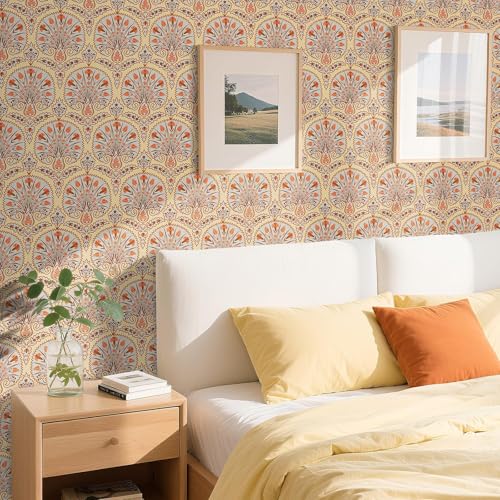 Papier peint floral orange repositionnable 44,5x300 cm, rénovation murale sans colle