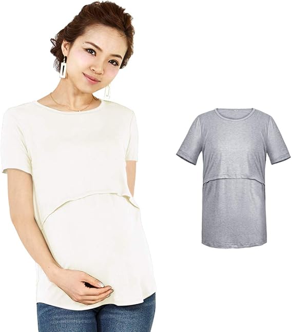 Amazon Co Jp 授乳 マタニティ Tシャツ半袖 授乳服 妊婦服 2枚組 産前 産後 用 下着 年中使える インナー マタニティ ウェア 肌着 パジャマ 着たまま授乳 授乳口 横切れ 夏 服 ファッション小物