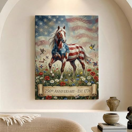 Lienzo de caballo patriótico impreso en alta calidad con diseño abstracto floral de 12x16